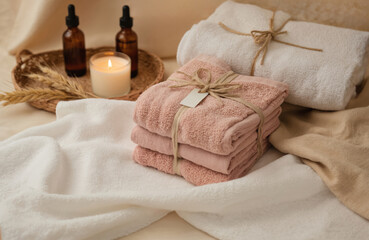 Soft spa towels arranged with lit candle, essential oil bottles. Natural textures in beige, brown tones create calming atmosphere for wellness, beauty routines. Serene decor promotes relaxation,
