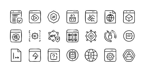 A line-style set of digital marketing web icons. Social media, networking, feedback, communication, marketing, and e-commerce. Vector illustrations.