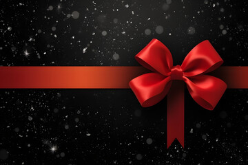 A striking red ribbon elegantly decorates a gift, surrounded by shimmering confetti on a dark background
