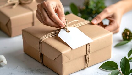 Hands tying gift box with twine and tag