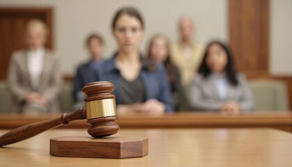 Courtroom scene with focus on wooden gavel. Jurors sit in background. Justice, law, trial, legal proceedings, decisions. Represents legal system, fairness, societal order. Essential for legal,