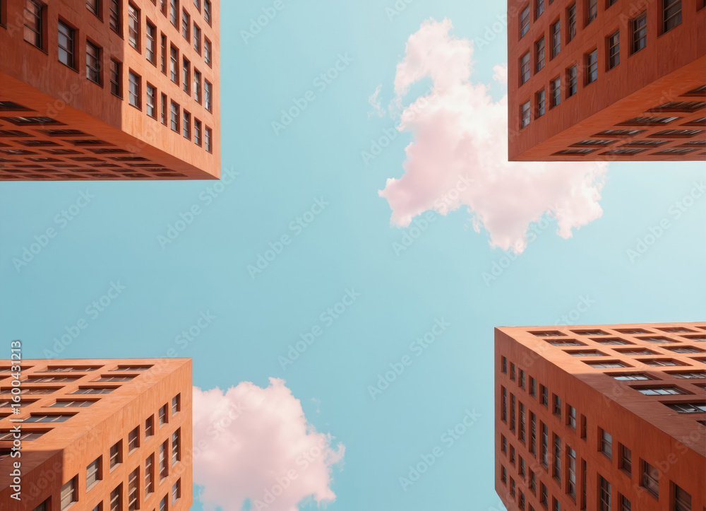 Poster four orange buildings arranged against bright blue sky with soft pink clouds. architecture features 