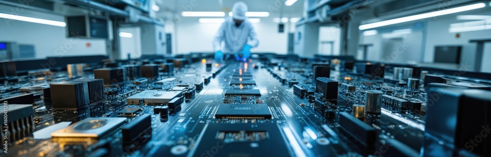 Poster intricate view of high-tech circuit board manufacturing. close-up shows complex electronic component