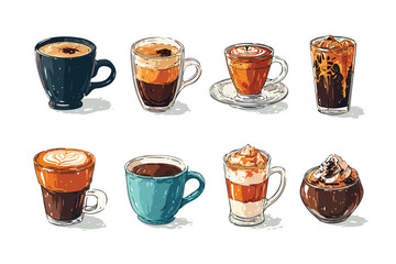 Set of different types of coffee grid isolated