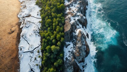 Illustration shows four distinct terrain types side by side arid desert, rich forest, snowy landscape, rocky coast with ocean waves. Abstract concept visually represents environmental change, climate