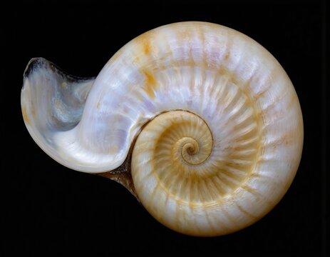 Macro view of nautilus shell spiral, logarithmic pattern in yellow, white hues. Natural wonder isolated on black background, displays intricate chambers, pearlescent sheen, revealing nature perfect