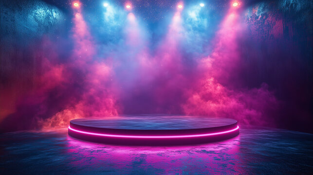 Neon stage glows in smoky spotlight. Display, marketing, concert, product design.