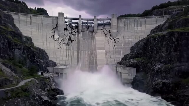Animation of a large concrete dam cracking and collapsing in a flood.