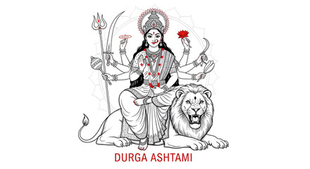 Durga Ashtami illustration of powerful Hindu goddess with multiple arms riding lion holding divine weapons symbolizing victory over evil during Indian Navratri festival celebration