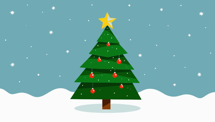 Fototapeta premium Evergreen Christmas tree with decorations in snowy winter scene 