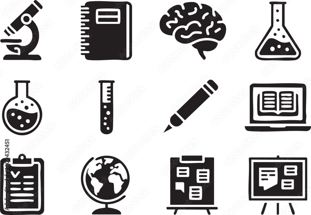Poster black and white education icon set featuring science technology engineering and mathematics related 