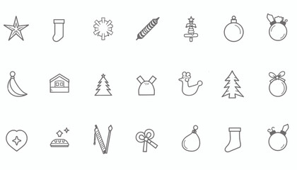 Christmas-themed line icons including stars, ornaments, and stockings  