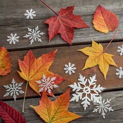 Autumn Leaves and Snowflake Display on Wooden Surface