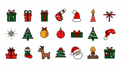 Fototapeta premium Christmas decorative icons in festive colors and various designs 