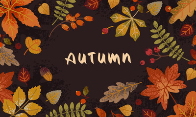 Autumn cute background with leaves, berries, acorns, branches. Beautiful fall season pattern with hand drawn foliage. Vector template for print, advertising, social media, branding, packaging, cover