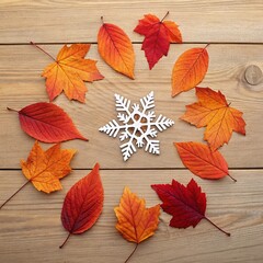 Autumn Leaves and Snowflake Display on Wooden Surface