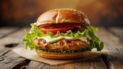 Juicy delicious chicken burger served on wooden table