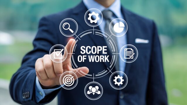 Professional scopes business objectives with digital icons for a modern work strategy analysis now