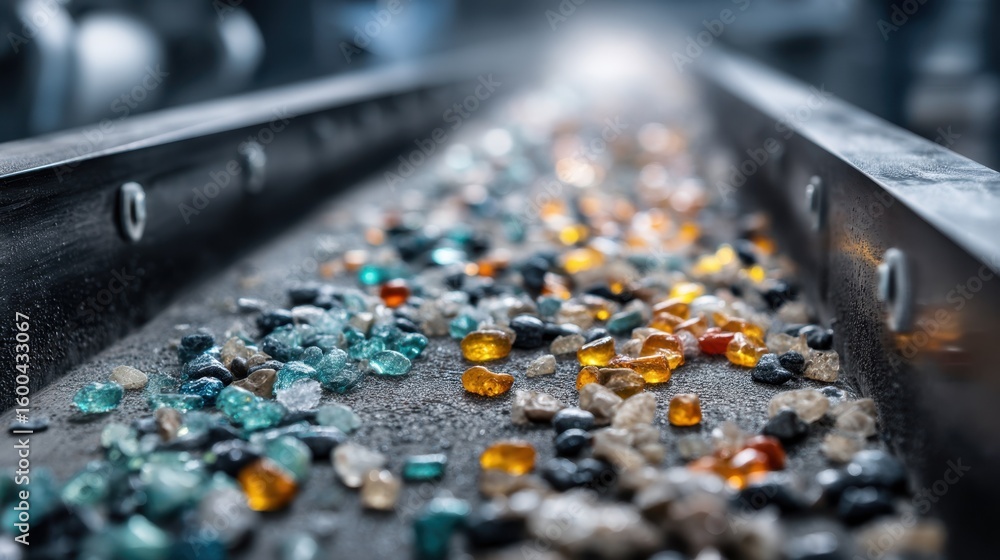 Poster glass shards move along a conveyor belt while sensors identify contaminants, ensuring efficient sepa