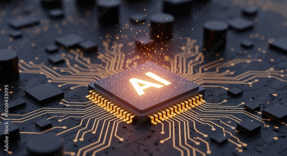 Poster digital innovation concept featuring glowing ai chip embedded in modern circuitry design.