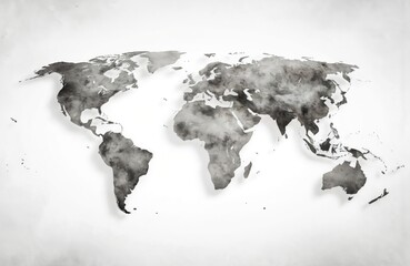 Abstract world map rendered in soft grayscale watercolor style. Continents, oceans display textured, cloud-like appearance. Minimalistic, artistic design suits backgrounds, presentations, global