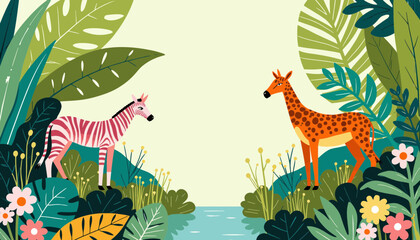 Zebra and giraffe standing by river in colorful jungle landscape  