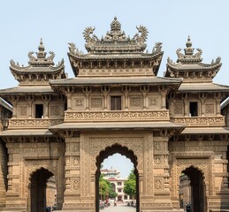 Obraz premium Ornate stone gate with intricate carvings and traditional Chinese architectural elements under a clear sky.