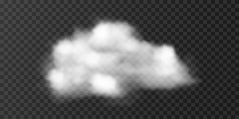 Realistic white cloud. Isolated element with transparency. White cumulus cloud, smoke, dust, or fog. Cloudy texture, fire smoke wave, or smoking explosion. Vector effect. Fluffy texture.