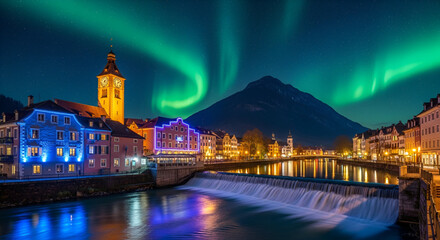 Vibrant northern lights dancing over illuminated riverside town with historic clock tower mountain backdrop reflecting colorful lights on flowing water under starry night sky