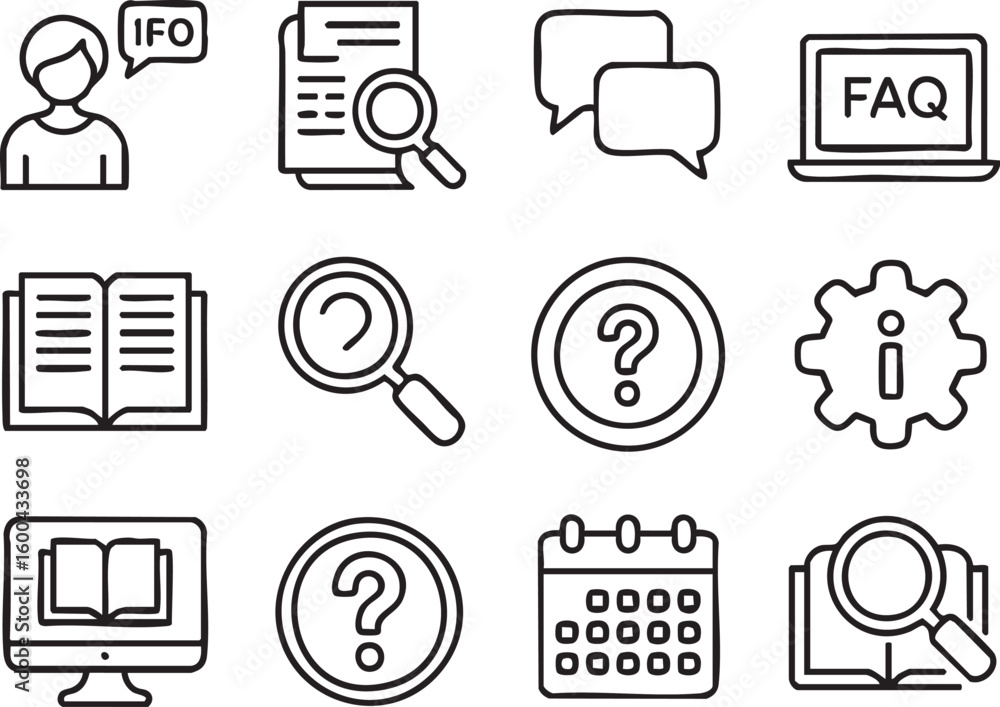 Poster Collection of Simple and Clean Line Icons Representing Information Search Communication Settings and Planning for Website or App Design Projects
