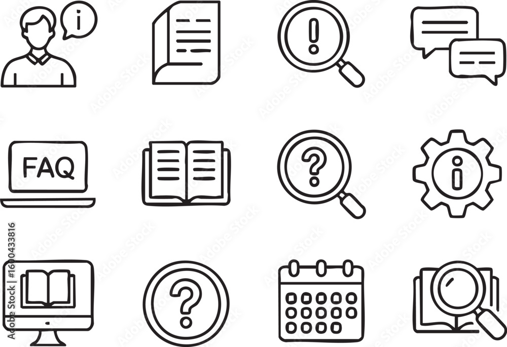 Poster line art icons representing information documents books search questions settings calendar and chat 
