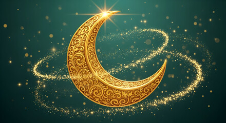 Golden crescent moon with glowing sparkles on green background representing celebration of Eid al Fitr Eid al Adha Ramadan Al Hijra Ashura and Eid e Milad in Islamic culture