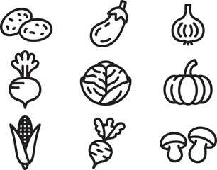 Collection of simple line art icons representing various vegetables including potatoes eggplant garlic beet cabbage pumpkin corn turnip and mushrooms