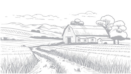 Fototapeta premium Rural Farm Scene with Barn and Fields