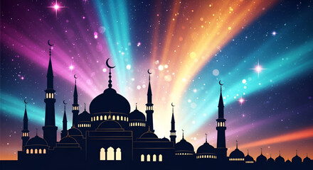 Beautiful mosque silhouette under colorful glowing night sky filled with stars and lights celebrating Eid al Fitr Eid al Adha Ramadan Al Hijra Ashura and Eid e Milad moments