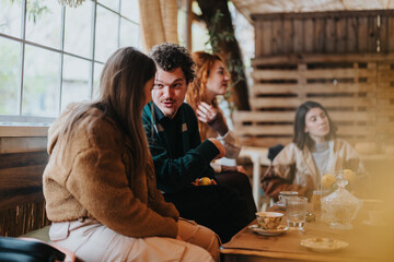A group of friends sharing a moment together in a cozy, conversational atmosphere.