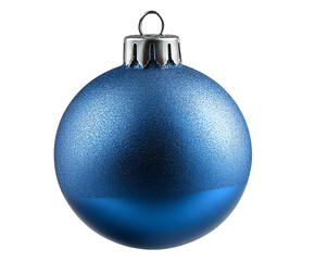 Isolated blue Christmas ornament featuring sparkling texture, glossy finish, and silver cap on...