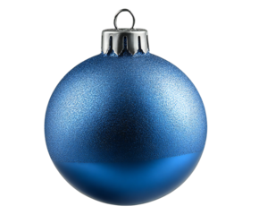 Isolated blue Christmas ornament featuring sparkling texture, glossy finish, and silver cap on transparent background