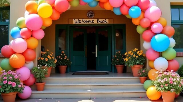 Colorful balloon arch welcoming students at school entrance  