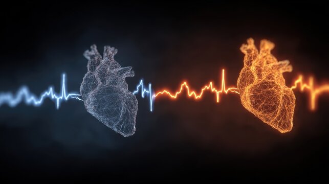 Sidebyside comparison of normal and hyperkalemiaaffected heart rhythm with orangetinted cardiac conduction signals.