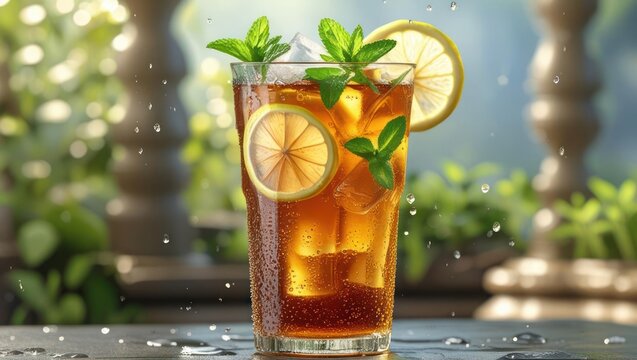 Iced tea drink with lemon and mint garnishes.