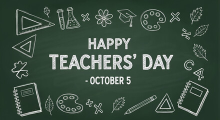 Happy teachers day illustration on green chalkboard background with education symbols like books pencil leaves triangle ruler palette flask and student icons