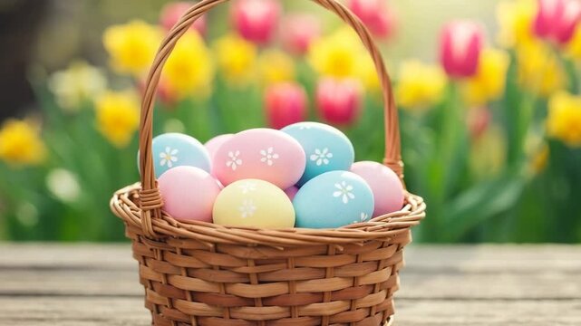 Woven basket with colorful Easter eggs on a wooden table surrounded by spring flowers