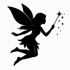 Flying Fairy Silhouette with Magic Wand and Stars