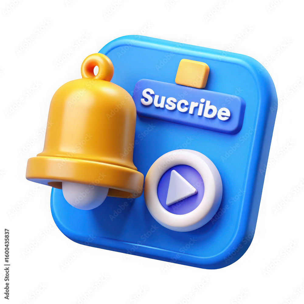 Poster 3d yellow bell and subscribe button isolated on transparent background