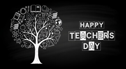 Happy teachers day celebration concept with chalkboard background and white educational tree made of school icons books pencils globe science and learning elements