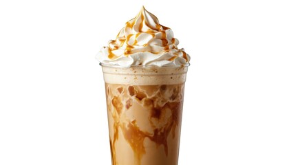 Creamy caramel latte beverage crowned with whipped cream, rich caramel drizzle. Indulgent cold coffee drink features layers of smooth coffee, milk, sweet caramel syrup swirled together in clear cup,