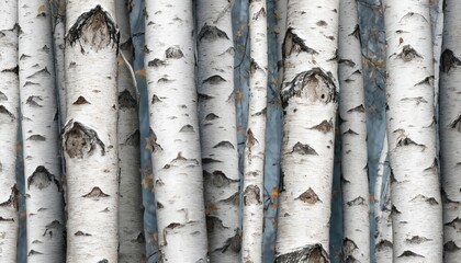 Naklejka premium Close-up of white birch tree trunks textured bark with natural patterns. Detailed, organic wood surface creates clean, raw, earthy, abstract look. Ideal for nature backgrounds, design, print