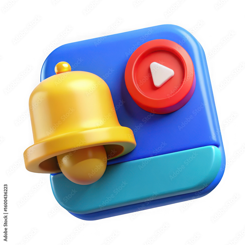 Poster 3d notification bell and play button icon isolated on transparent background