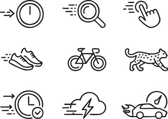 Obraz premium Collection of Speed and Efficiency Icons Representing Time Search Cheetah Running Bicycle Confirmation Lightning and a Fast Car in a Minimalist Style The